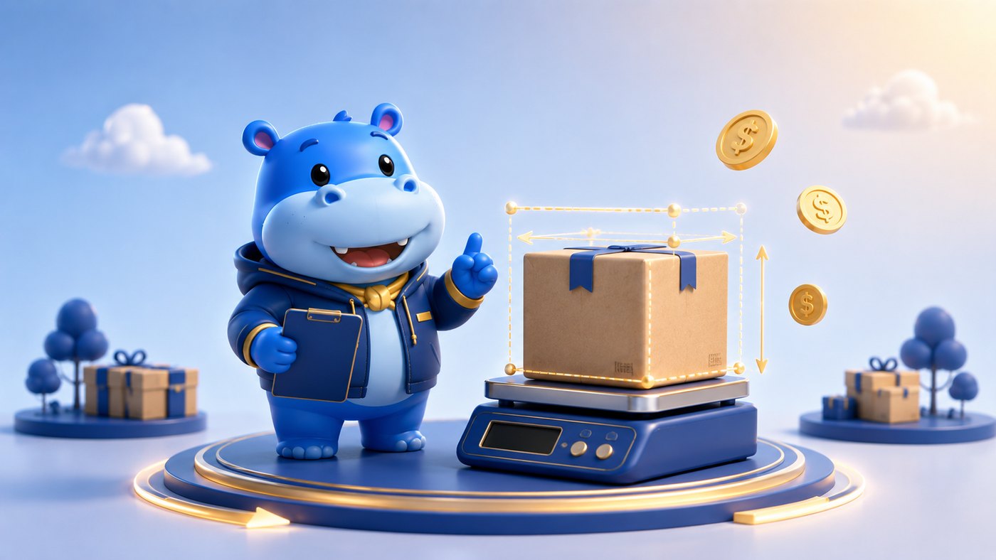 Illustration of shipping-fee calculation — a hippo mascot beside a scale weighing a parcel, with its length, width and height measured and coins alongside