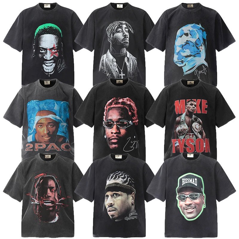 Distressed washed short-sleeved t-shirts for men and women high street half-sleeved  