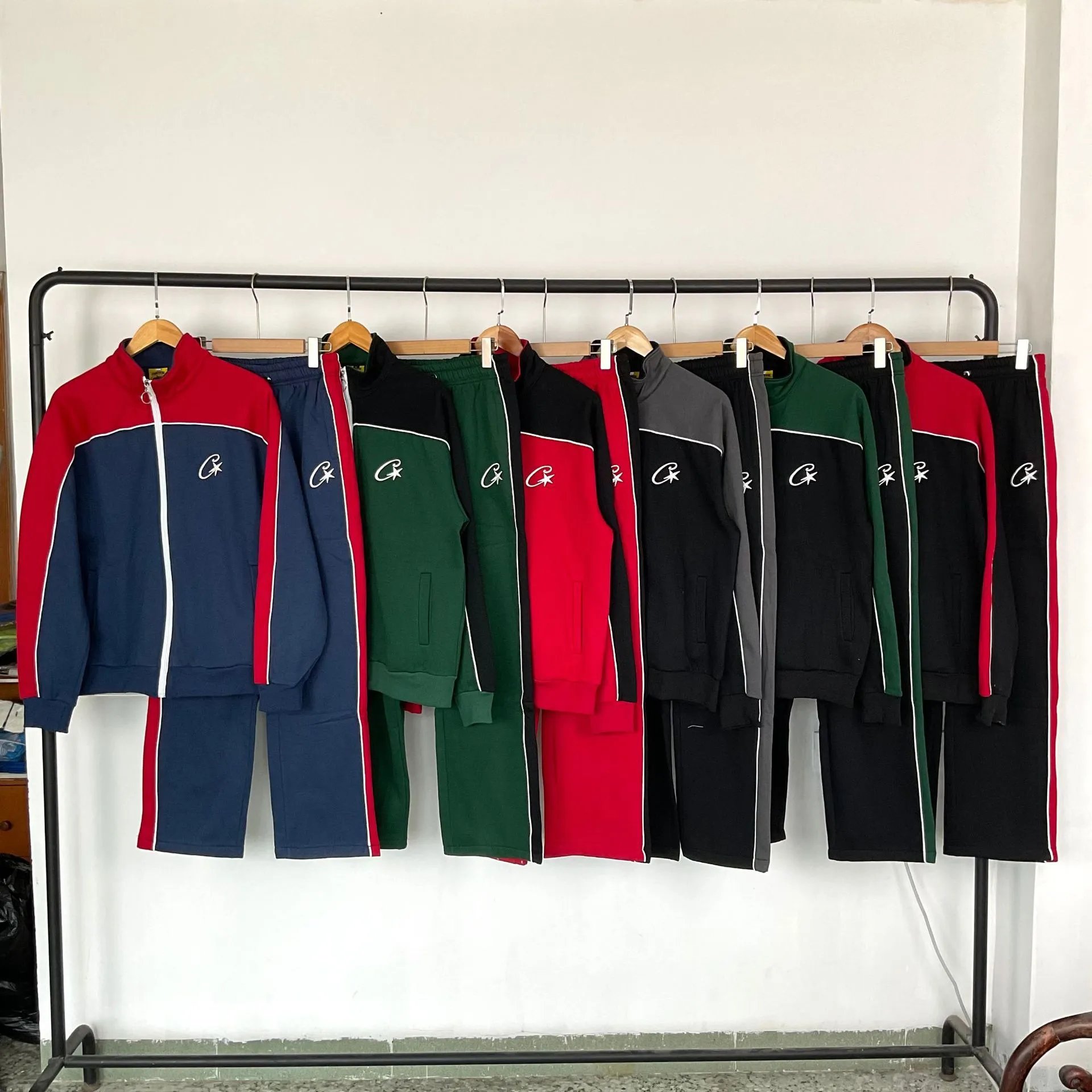 Velvet color-blocked cardigan jacket jacket men's and women's high street trousers sports suit  